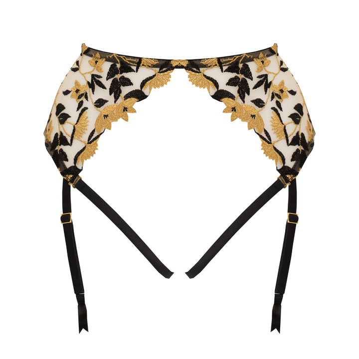 Studio Pia Soraya gold floral embroidered tulle and peace silk harness suspender | Jet Black