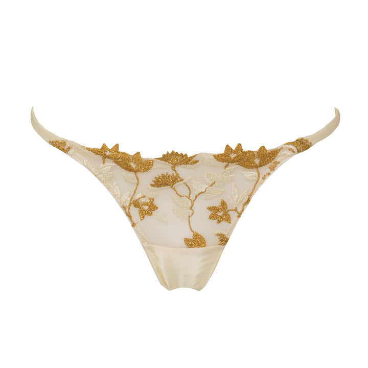 Studio Pia Soraya gold floral embroidered tulle and peace silk strap thong | Ivory