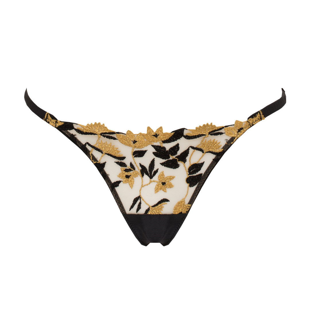 Studio Pia Soraya gold floral embroidered tulle and peace silk strap thong | Jet Black