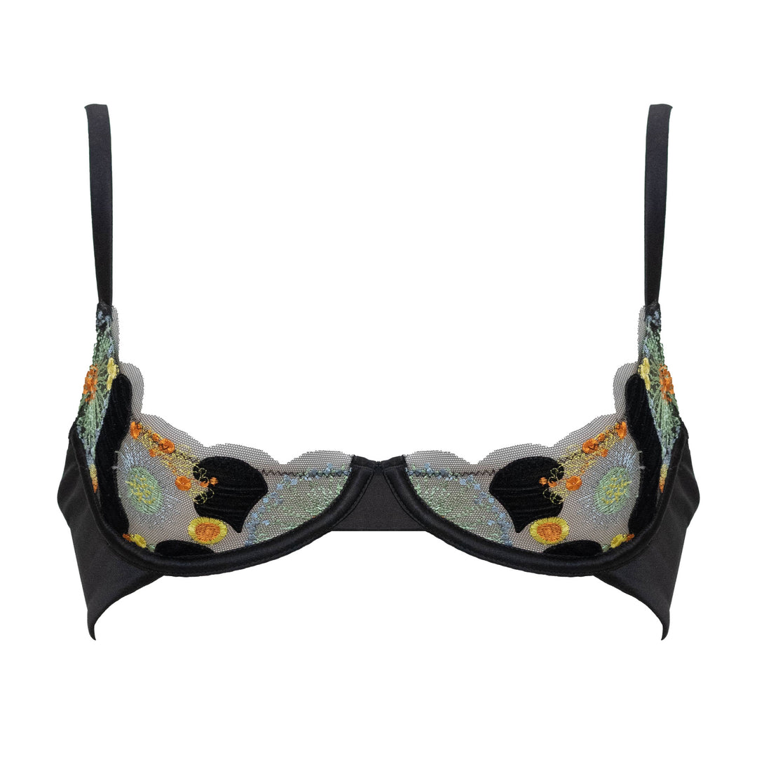 Studio Pia Zaida sheer embroidered tulle and peace silk quarter cup bra | Jet Black