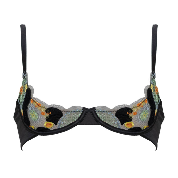 Studio Pia Zaida sheer embroidered tulle and peace silk quarter cup bra | Jet Black