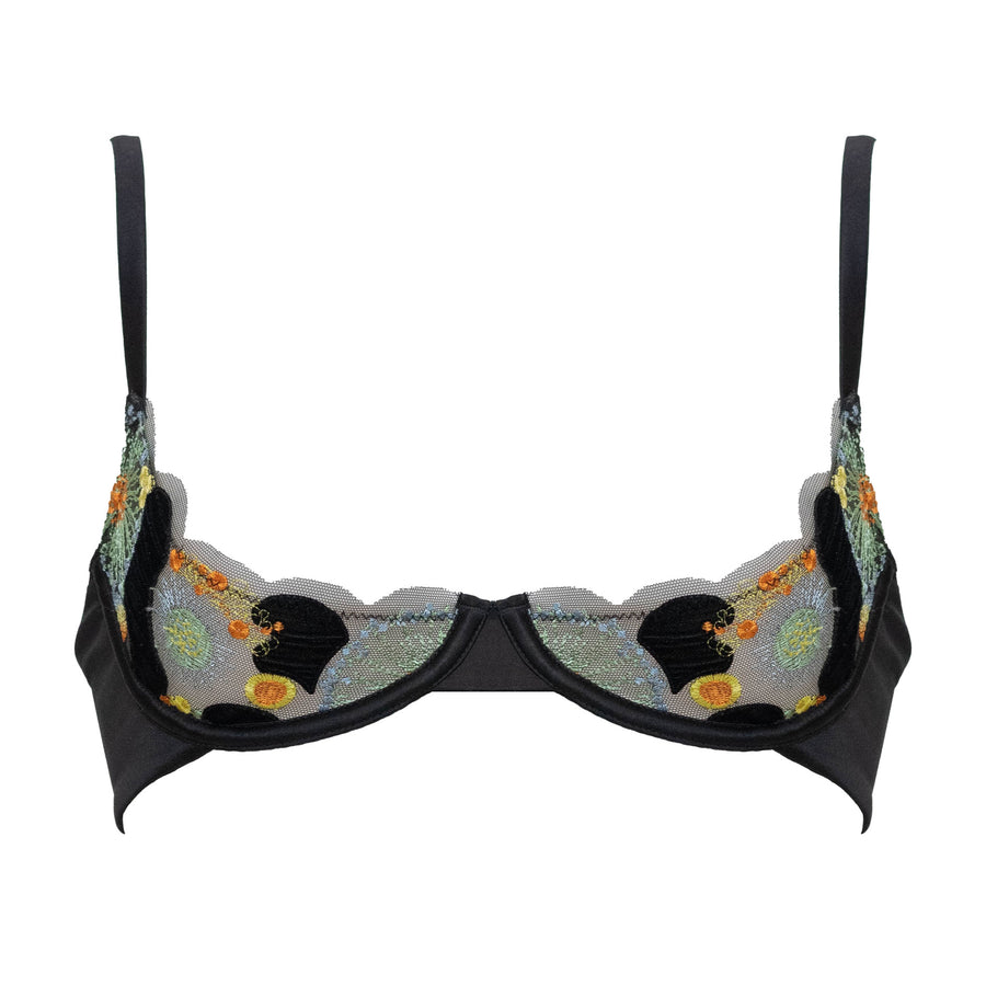 Studio Pia Zaida sheer embroidered tulle and peace silk quarter cup bra | Jet Black