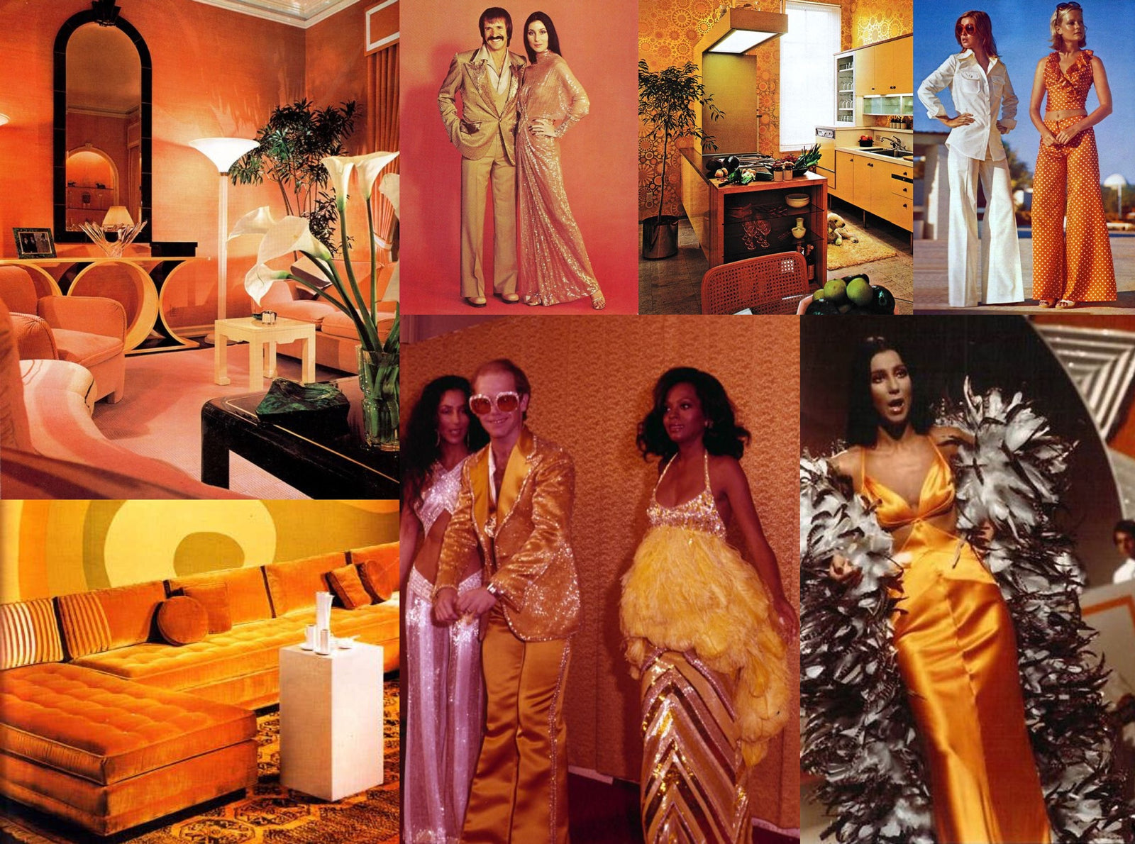 A range of 70s inspiration images featuring shades of amber
